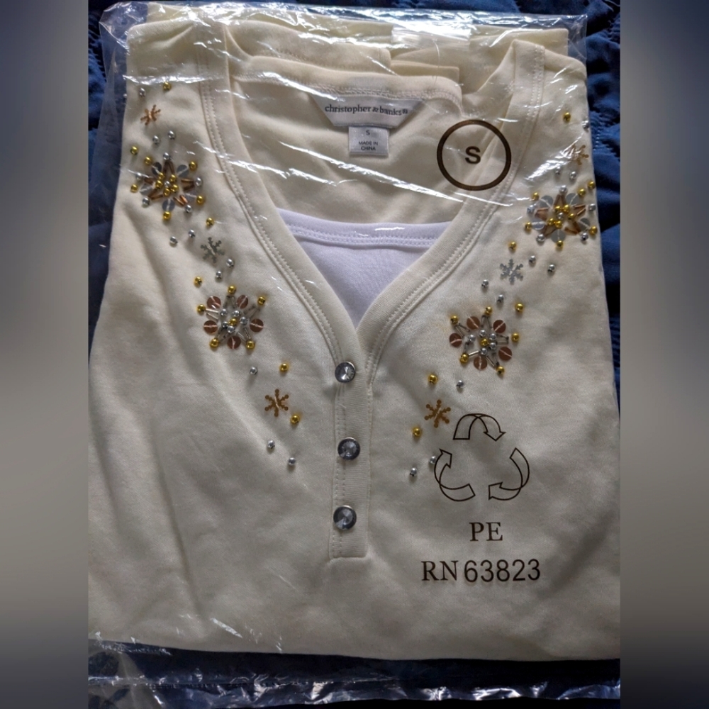 Christopher & Banks LS ivory knit snowflake sequin knit top NEW